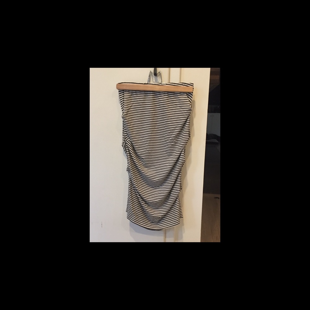 Black and white striped ruched pencil skirt.